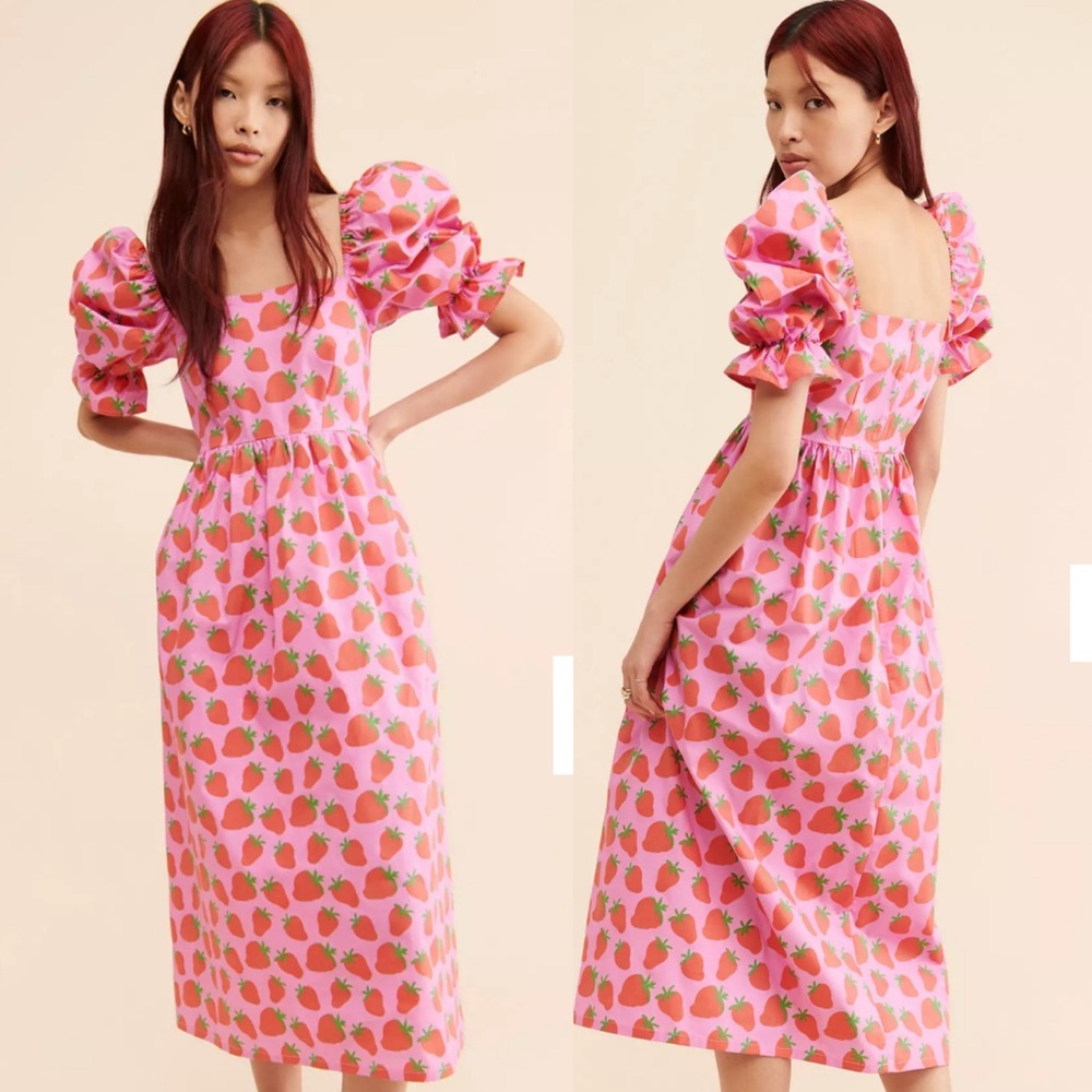 Chic Pink Strawberry Print Midi Dress